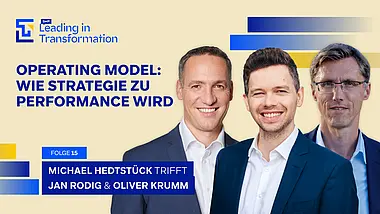Leading in Transformation Episode mit Jan Rodig, Oliver Krumm und Michael Hedtstück. Das Thema: Operating Model: Wie Strategie zu Performance wird